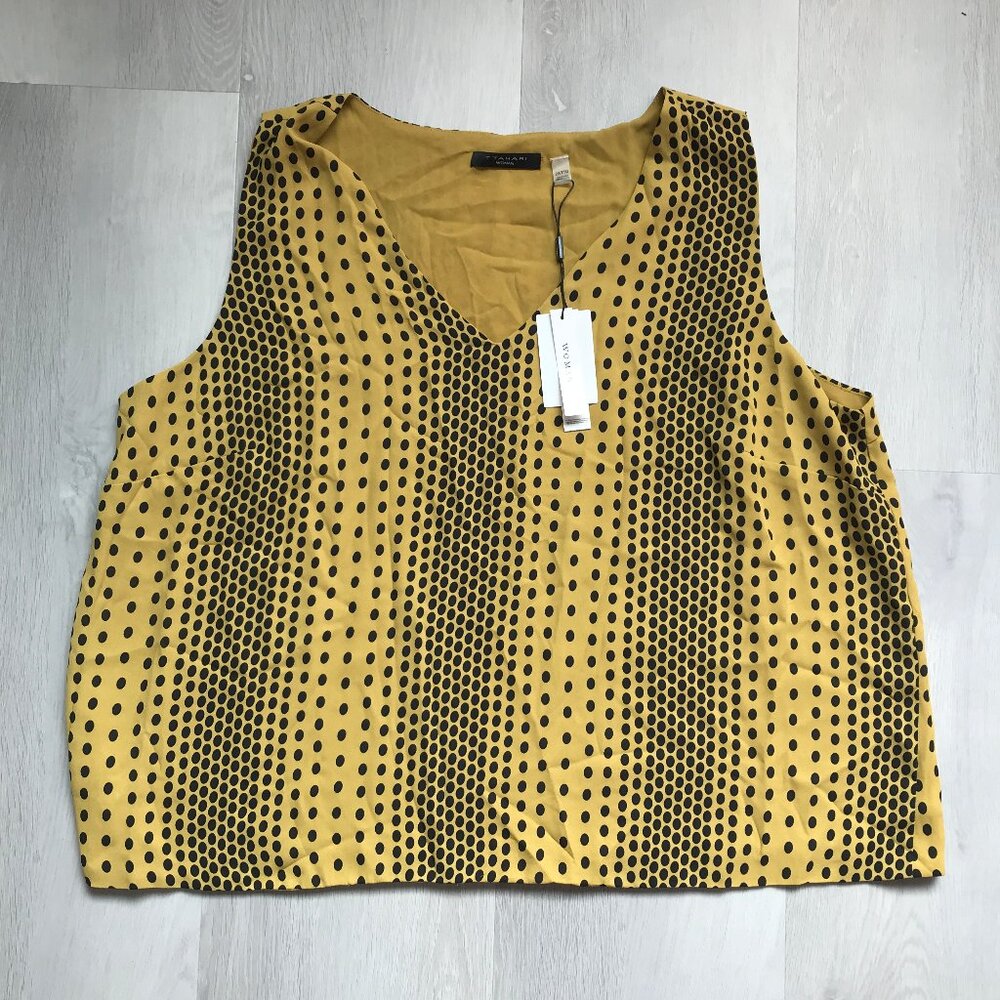 T TAHARI TANK TOP CAMISOLE POLKA STRIPE YELLOW BLACK V NECK WOMENS 2X